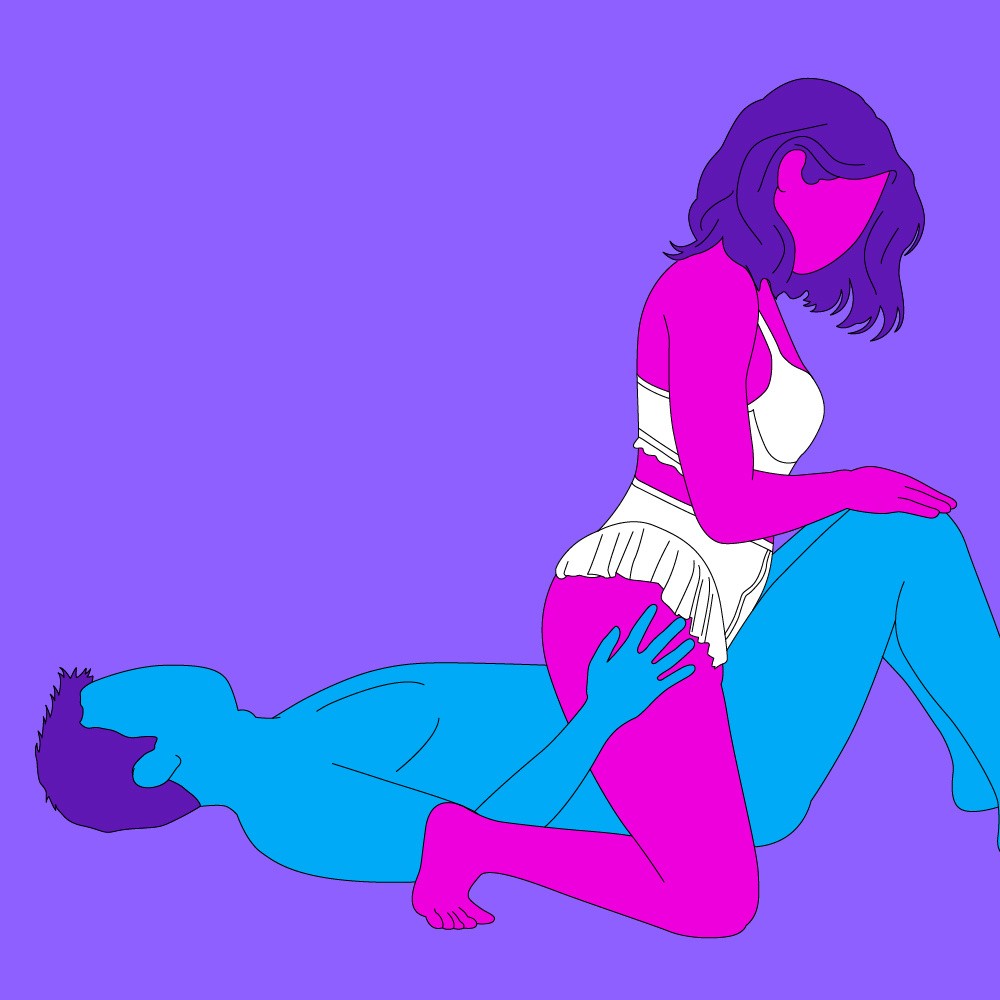 A naked illustrated couple in a reverse cowgirl, Bridgerton-themed penetration sex position.